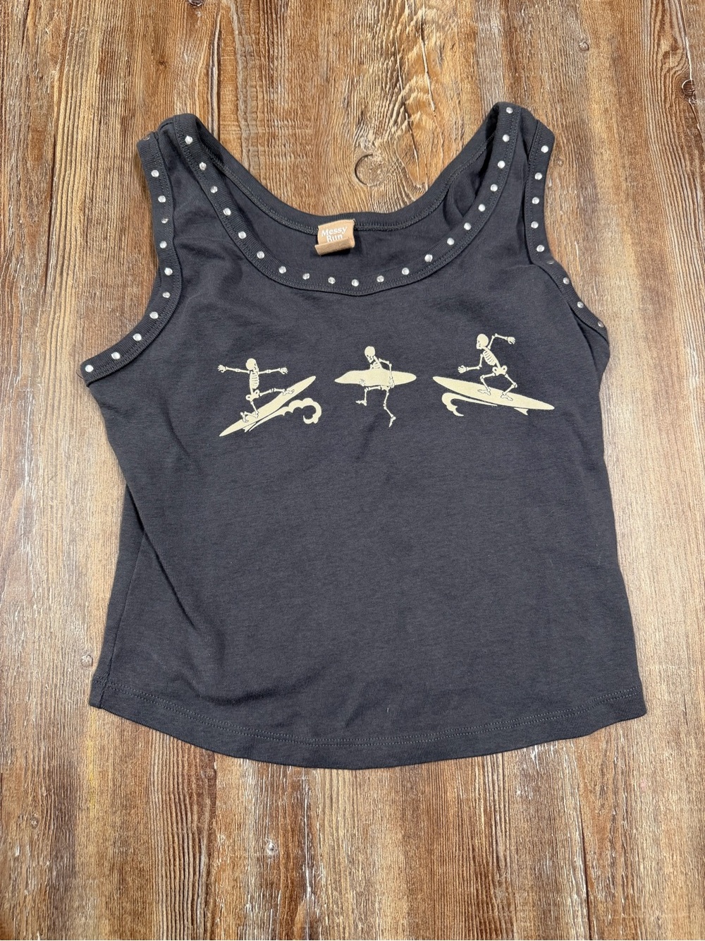 Vintage Messy Bun Just Chillin Black studded crop tank top